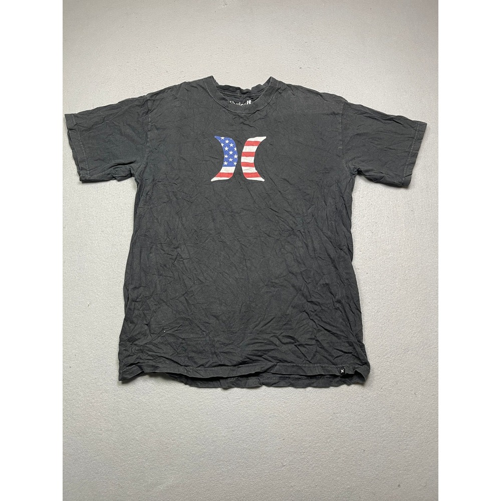 Hurley T-Shirt 100% Cotton Black American Flag Graphic Large Mens